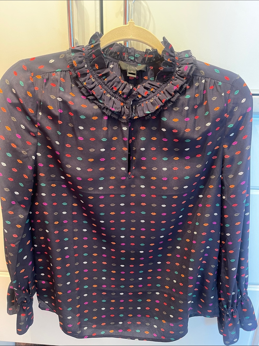 J. Crew Navy Silk  Long-Sleeve Ruffle-Neck Blouse with Multicolor Lip Print